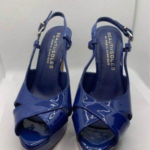BEAUTIISOLES Genuine Leather Italian Made Blue Strap Back Heels
